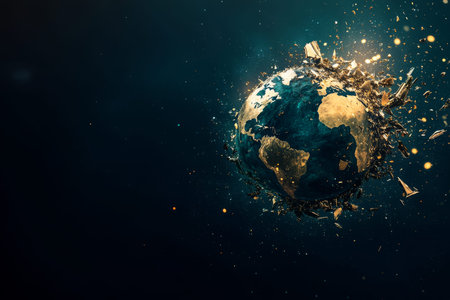 Abstract shattered earth globe illustration against dark blue background for earth day theme