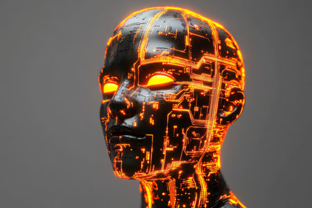 3d render of illuminated orange circuitry shaped like a humanoid head against a gray backdropの写真素材