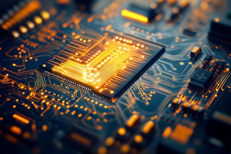 Futuristic digital technology background with circuit board design and illuminated chip close upの写真素材
