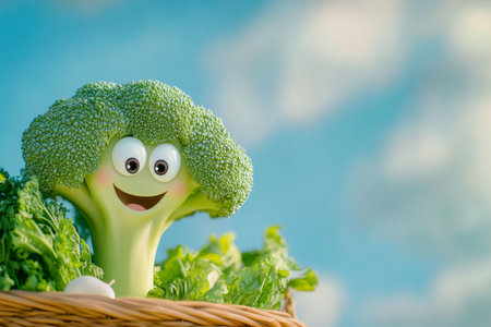 Playful broccoli character enjoys shopping among fresh vegetables against a bright blue skyの写真素材