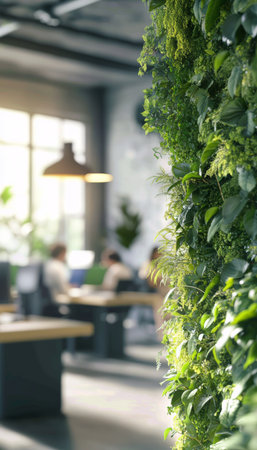 Stunning eco friendly office space featuring a lush vertical green wall and modern design elementsの写真素材