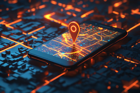 Smartphone gps map with location pin and glowing lights in a city street grid illustrationの写真素材