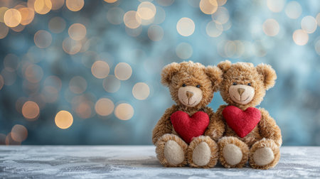 Romantic valentine's day scene with two teddy bears and hearts against a bokeh light backgroundの写真素材