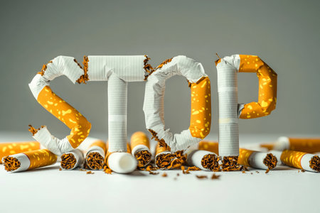 Stop created from broken cigarettes on white background for world no smoking day awareness campaignの写真素材