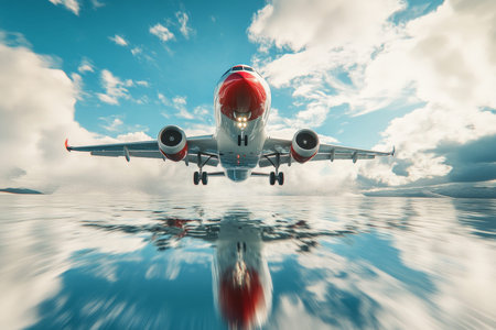 Photorealistic 3d render of an airplane taking off with reflection on water and blue sky