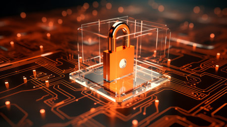 Futuristic digital security concept featuring glowing padlocks on a computer chip in orange hueの写真素材