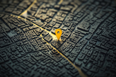 Realistic photograph of an abstract city map featuring a yellow location pin on the streetの写真素材