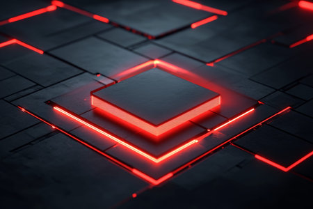 Futuristic banner with red glowing rhombi and circuit patterns on a dark geometric background