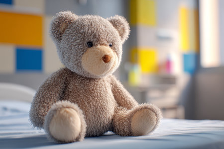 Charming teddy bear on hospital bed in children's room with soft lighting and modern decorの写真素材