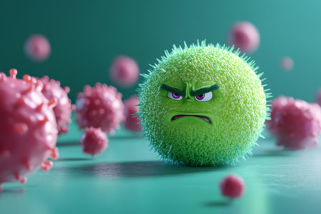 A 3d cartoon green ball with a frowning face crying among paper balls and cellsの写真素材