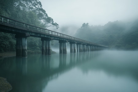 Serene long exposure capture of a wooden bridge over a misty lake creating dreamlike atmosphereの写真素材