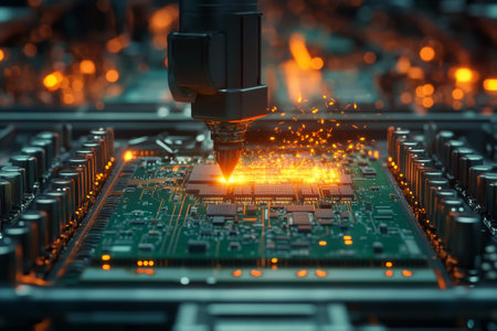 High tech robotic arm assembling microchips on circuit boards in a futuristic manufacturing process