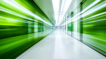 Captivating green glass corridor with white flooring and green walls in blurred motion photographyの写真素材