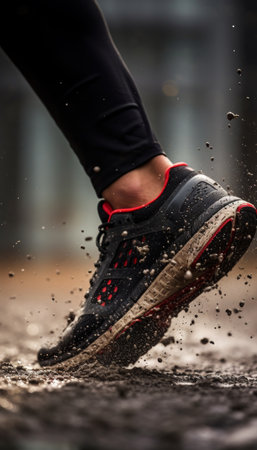 Close up of a runner's feet in motion, showcasing textured sneakers against a golden sunriseの写真素材