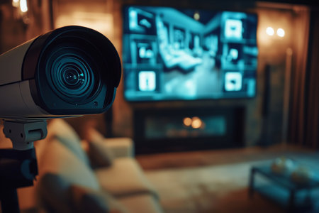 Cinematic image of cctv camera and smart home control displaying security surveillance systemの写真素材