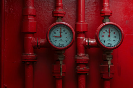 Striking close up of red industrial gauges and pipes in a modern factory showcasing clean design.の写真素材