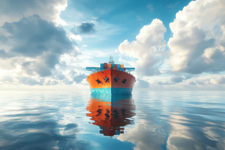 Colorful cargo ship on calm sea under blue sky, illustrating global logistics and transportationの写真素材