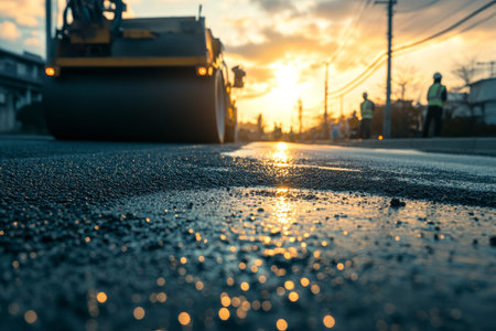 Workers applying asphalt on road surface with close up view of paving process and equipment