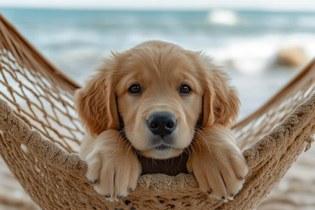 Golden retriever puppy enjoying a relaxing moment in a hammock by the sea with a joyful expressionの写真素材