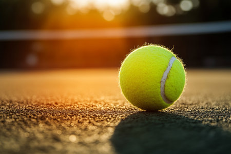 Close up of tennis ball on court with soft focus background for sport training design conceptの写真素材