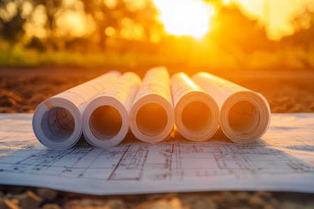 Blueprints and architectural drawings on construction site bathed in golden hour lighting