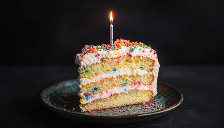 Vibrant funfetti cake slice on vintage plate with candle, captured in professional food photographyの写真素材
