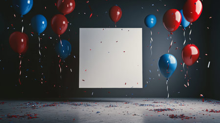 A blank canvas surrounded by colorful balloons and confetti in a cinematic dark room setting