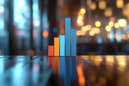 3d render of a blue and orange bar graph rising on a business table with blurred background focus
