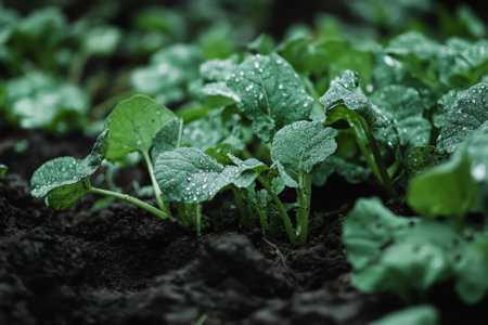 Close up view of fresh radishes growing in soil captured in a stock photography shotの写真素材