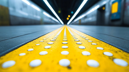 Close up of a yellow line with white dots at an underground station in blurred backgroundの写真素材