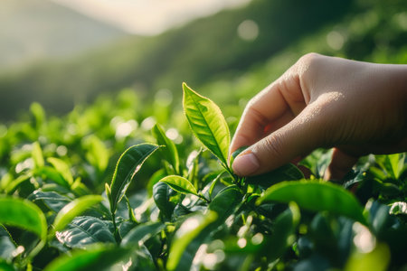 Hand gently picking fresh tea leaves against a misty mountain backdrop in morning lightの写真素材
