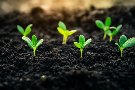 Close up of young plant sprouts in soil with morning sunlight a vibrant concept flat lay