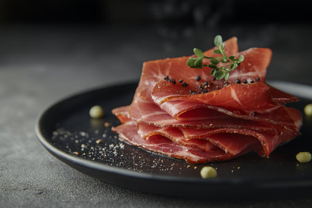 Artfully arranged sliced ham on dark plate with copy space for text or design in studio lightingの写真素材