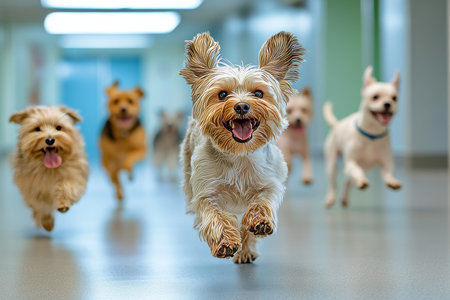 A joyful group of diverse dogs running in a hospital corridor with happy expressions