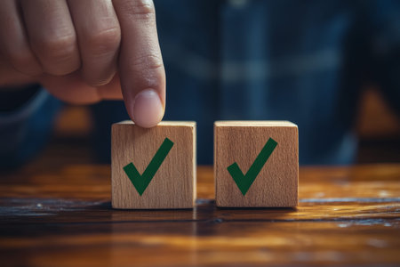 Business strategy concept wooden cubes with checkmark and target symbols for effective planning
