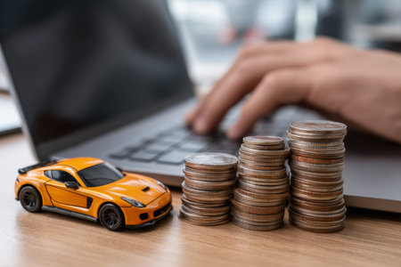 Close up of hand on laptop with coins and toy car a business concept in car education