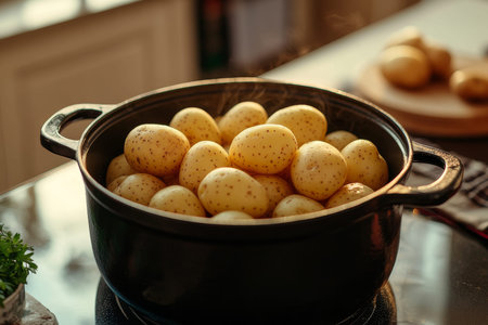 Close up of a cozy kitchen scene featuring a pot of delicious potatoes in warm natural light