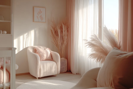 Charming scandinavian nursery room with pastel decor, white crib, and soft sunlight accentsの写真素材