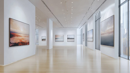 Elegant modern art gallery showcasing photo realistic paintings in a bright minimalistic spaceのeditorial素材