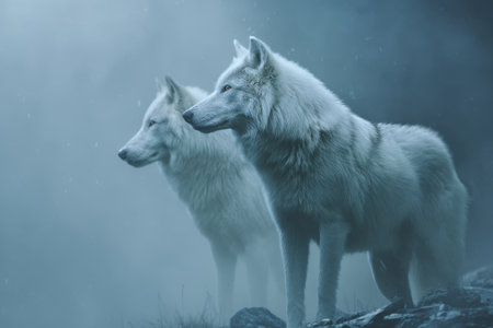 Majestic white wolves in ethereal fog a fantasy art journey through misty blue and gray landscapesの写真素材