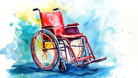 Vibrant watercolor artwork featuring a red wheelchair against a blue background with yellow accentsの写真素材