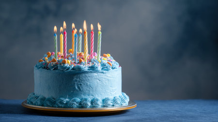 Vibrant blue birthday cake with candles against a colorful background perfect for celebration copy