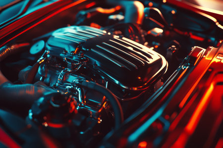 Detailed close up of a modern suv engine bay featuring a striking black and red color schemeの写真素材