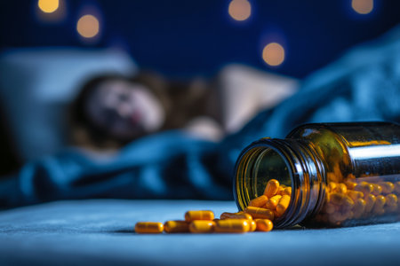 Bottle of sleeping pills with orange capsules on table, blurred girl in bed behind itの写真素材