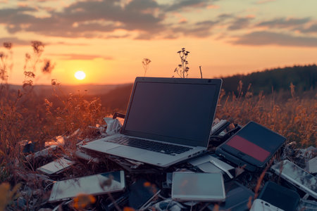 Sunset over nature old tech waste with laptops and cell phones amidst a blurred backgroundの写真素材