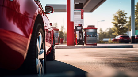 Photorealistic close up of a car refueling at a gas station with pumps in red and white backgroundの写真素材