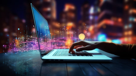Business professional working late with laptop displaying colorful data and graphs in office