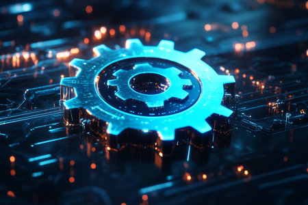3d render of a digital gear icon on blue hologram background for engineering conceptsの写真素材