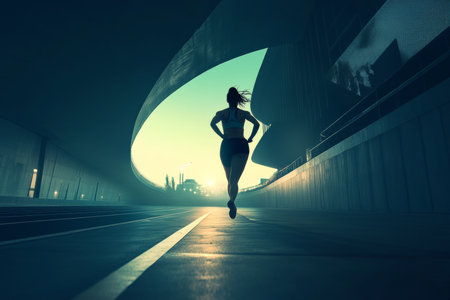 Nighttime track scene female athlete running in stadium with backlit effect from side perspectiveの写真素材