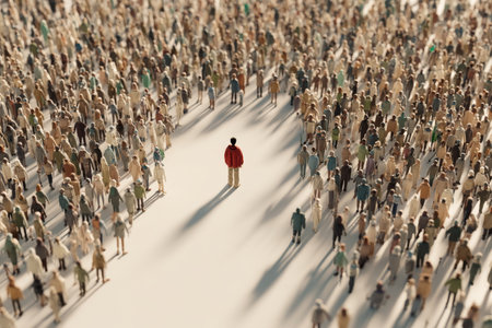Claymation style image of one person surrounded by a crowd on a neutral white and beige backgroundの写真素材